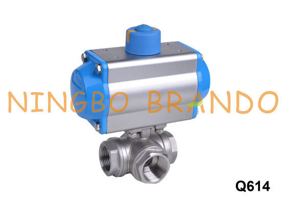 DN25 1'' Air Actuated Pneumatic Three Way Ball Valve Stainless Steel